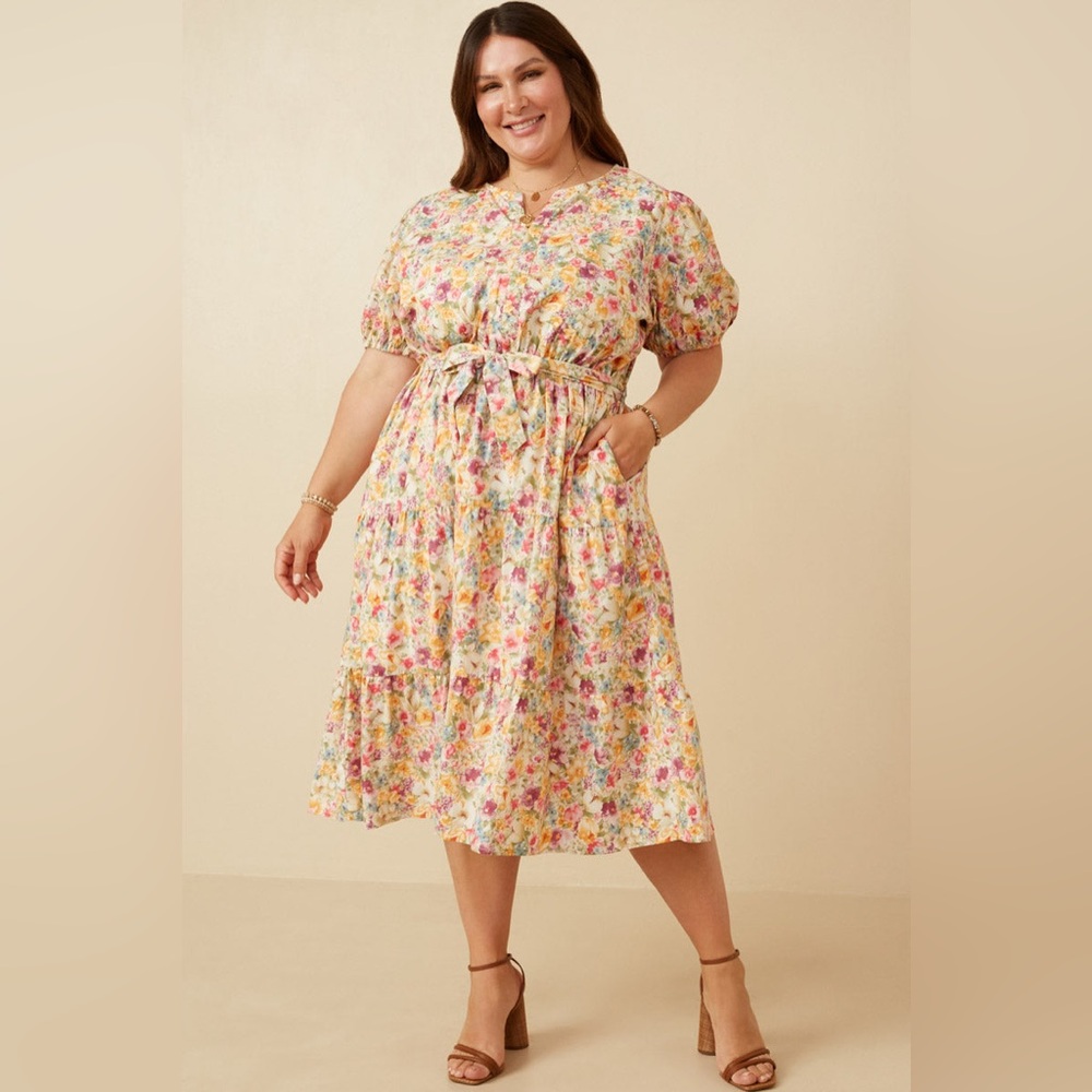 Hayden Los Angeles floral print belted tier poplin midi dress easter - Picture 3 of 11